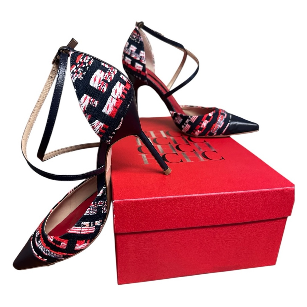 CH Carolina Herrera Criss Cross Strap Red/Wht/Blk Stiletto Shoes / Size 37 (EUC)